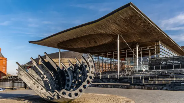 A view of the exterior of the Senedd
