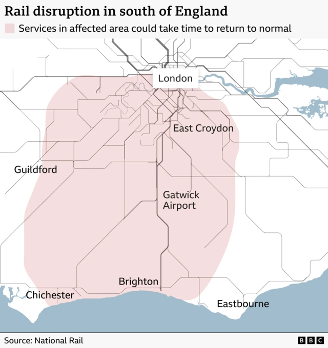 A map showing the areas affected by rail disruption in the south of England