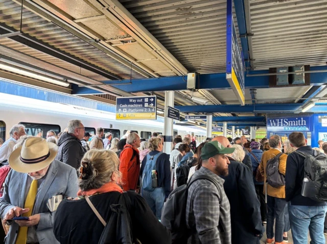 Passengers on the platform at Southampton Central station after disruption to train services