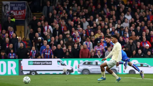 : Yeremy Pino of Crystal Palace scores a goal that is later ruled offside