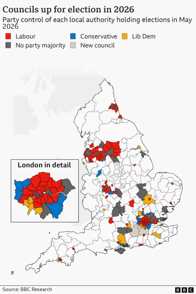 Colour coded map showing which party won the previous election in each local authority up for election in England in May 2026. Labour, Conservatives and Liberal Democracts all hold councils up for election, as well as Aspire in Tower Hamlets and many local authorities with no party majority.
