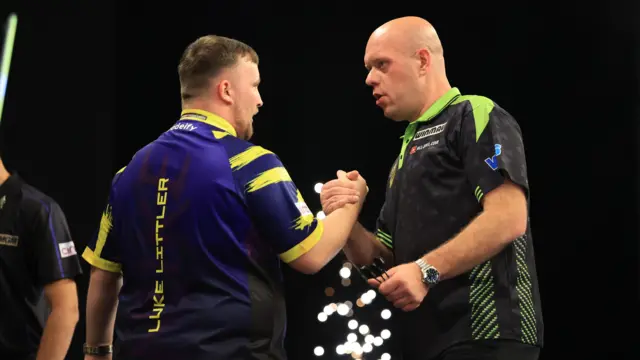 Luke Littler after beating Michael van Gerwen on night fourteen of the BetMGM Premier League 2026 at First Direct Bank, Leeds