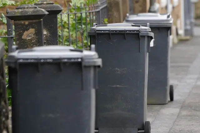 Three black bins in a row along a street. The fist one is slightly out of focus. The bins are against the garden of a house which has black metal railings