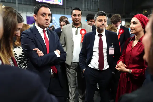 Scottish Labour leader Anas Sarwar with a sad look on his face at count for the 2026 Holyrood elections