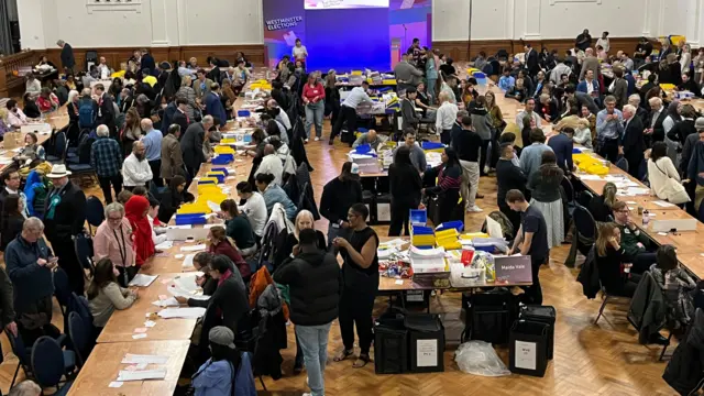 People counting ballots at tables in a hall