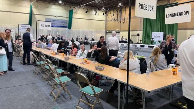 A hall filled with tables with people sat at them. Signs for parts of Stevenage are on display near each table such as "Roebuck" and "Longmeadow".
