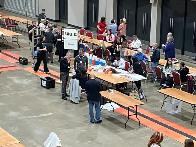 A busy counting table labelled “Table 18”, where staff sit and stand around sorting and checking stacks of election papers in a large hall.