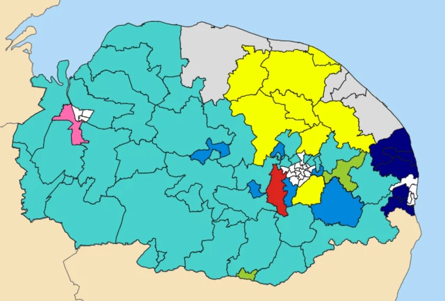 A map of Norfolk's county council divisions shows the different colours for different parties, with just one in red, representing the Labour Party