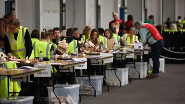 Ballot papers are counted during the election count of the Scottish Parliamentary elections at the Royal Highland Centre in Edinburgh,