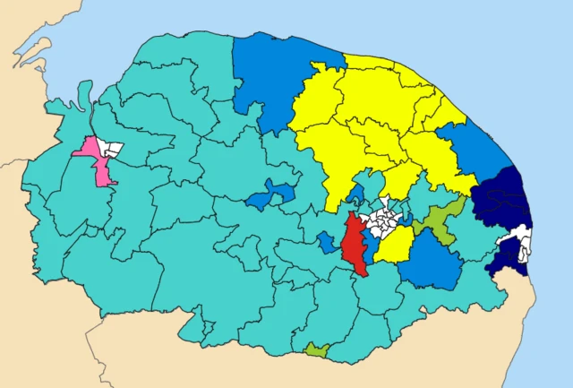 A map of Norfolk's county council divisions shows the parties by colour after an election.