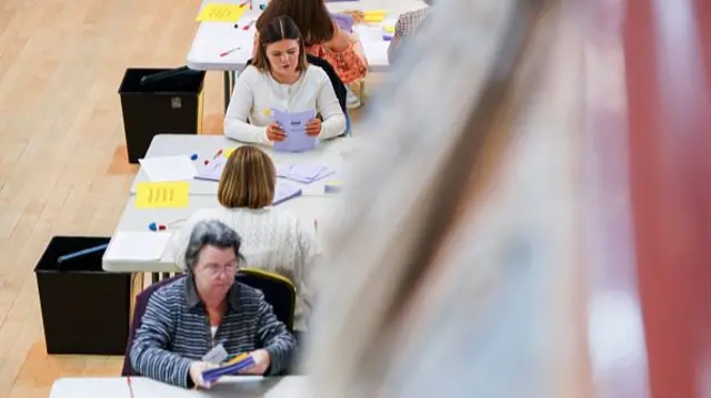 People sit at white tables counting votes