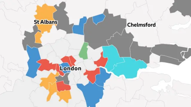 Map of London and surrounding areas showing borough council and mayoral election results, with boroughs colour-coded by party control, including highlighted areas in central, east, and south London, and labels for London, St Albans, and Chelmsford.