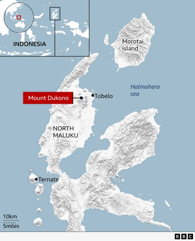Map showing Mount Dukono in Indonesia