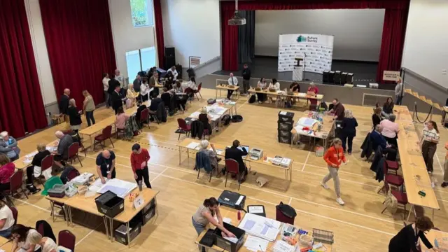 Image of an election count in a hall taken from heights