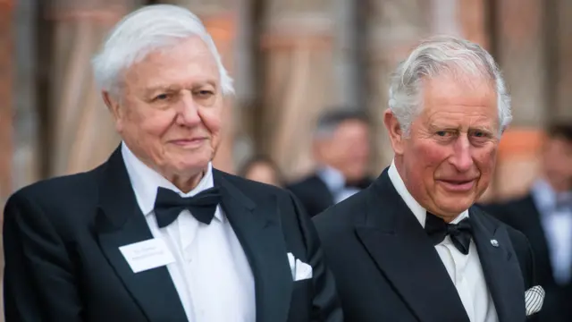 Sir David Attenborough and King Charless III attend the "Our Planet" global premiere at Natural History Museum on April 04, 2019 in London, England.