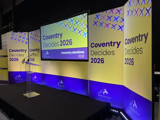 A small stage with microphone on it and yellow and blue banner and screen with Coventry Decides 2026 on the screen.