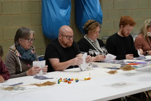 People sat at a long table looking at white papers