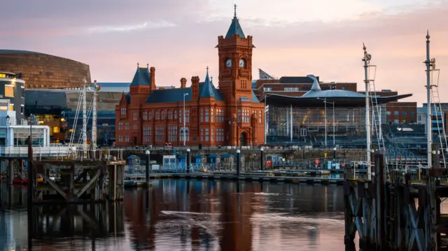 Sun rising over Cardiff Bay