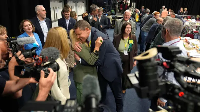 Plaid Cymru leader hugs woman with camera pack surrounding him