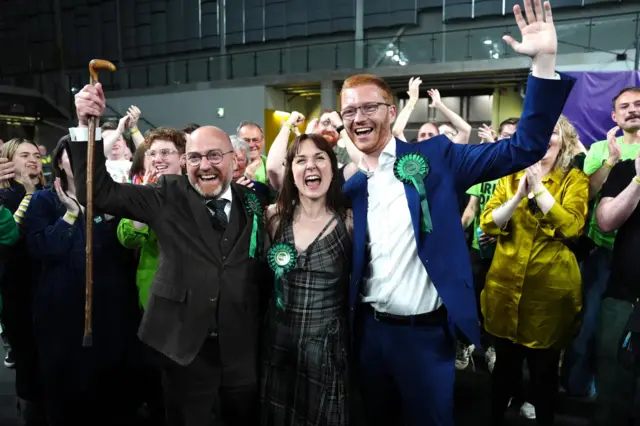 Scottish Greens candidate Holly Bruce, in the centre of this picture, after she was declared winner of Glasgow Southside