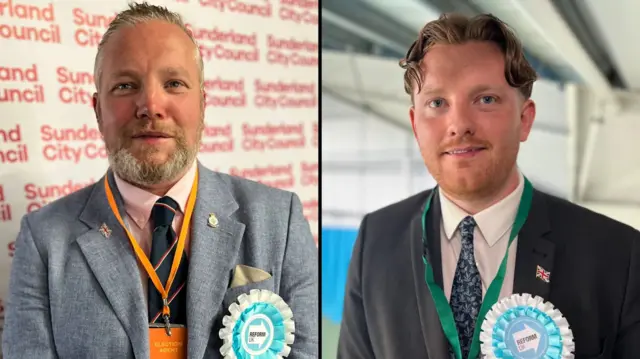 A composite image of the men. Paul Donaghy has short, greying hair and facial hair. He is wearing a grey suit and an orange lanyard. Chris Eynon has short brown hair and short facial hair. He is wearing a dark suit jacket. They are both wearing turquoise rosettes for Reform UK.