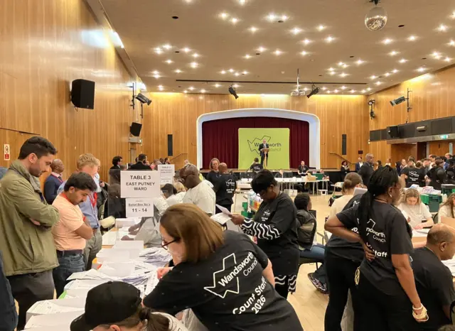 People counting ballots at table in hall