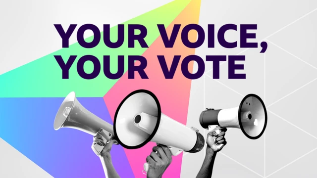 A colourful graphic with hands holding up megaphones and Your Voice Your Vote wording