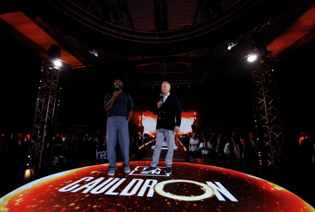 Frank Warren on stage at a weigh-in