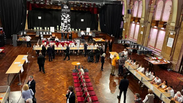 A town hall where people are sitting behind desks for a local election council.