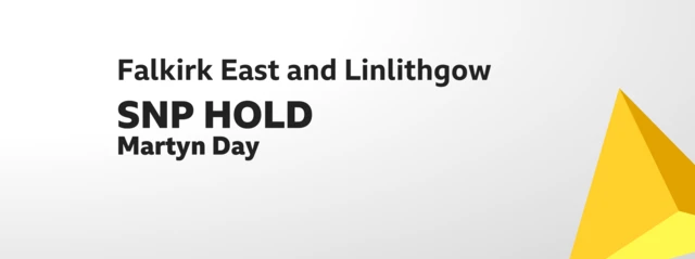 Card showing result of election for Falkirk East and Linlithgow. Martyn Day, SNP hold