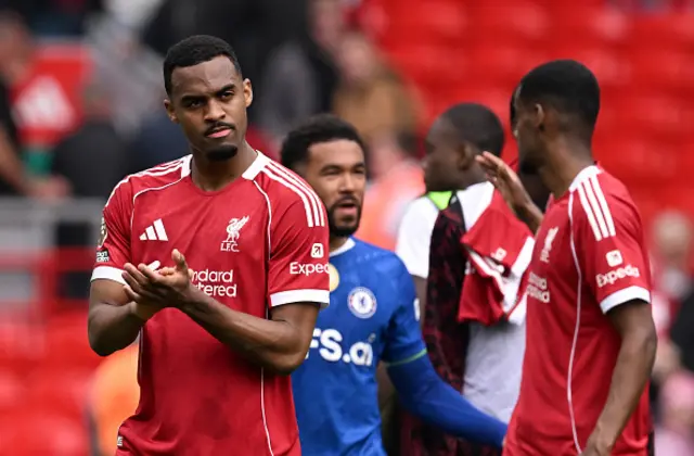 Ryan Gravenberch of Liverpool acknowledges the fans
