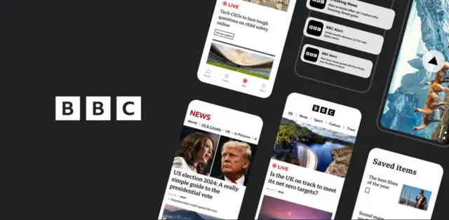 A black background with the BBC logo on the left and multiple screenshots of the BBC news app on the right displaying various news stories