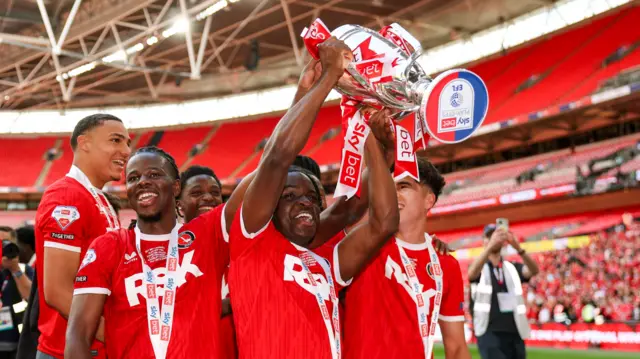 Charlton celebrate winning the 2025 League One play-off final at Wembley