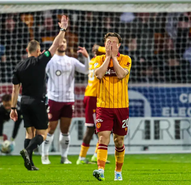 Motherwell's Elliot Watt looks dejected as Stephen O'Donnell's goal is ruled out for offside