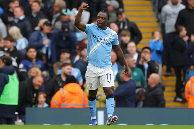 Jeremy Doku of Manchester City celebrates after he scored for 1-0