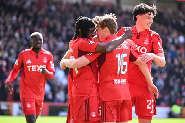 Aberdeen's Stuart Armstrong celebrates scoring to make it 1-0 during a William Hill Premiership match between Aberdeen and Dundee United at Pittodrie Stadium, on May 09, 2026, in Aberdeen, Scotland.