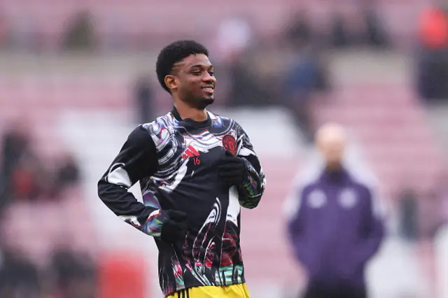Amad Diallo of Manchester United looks on during the warm up
