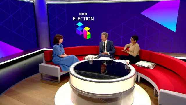 Studio wideshot of Labour's deputy leader Lucy Powell being quizzed by the BBC's Charlie Stayt and Naga Munchetty in BBC Breakfast studio