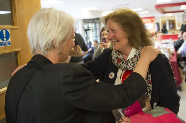 Julie Morgan (R) Labour AM for Cardiff North celebrates with Jenny Rathbone after both candidates retained their seats during the National Assembly for Wales election count at the Sport Wales National Centre on May 06, 2016 in Cardiff, Wales. Yesterday the UK went to the polls to vote for assembly members, councillors, mayors and police commissioners.