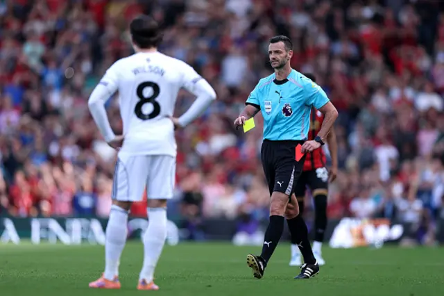 Referee Andy Madley explains that after a VAR review a the yellow card for Joachim Andersen