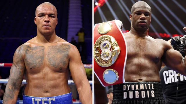 Fabio Wardley is shirtless and holding his arms by his side and Daniel Dubois has the IBF heavyweight title over his shoulder