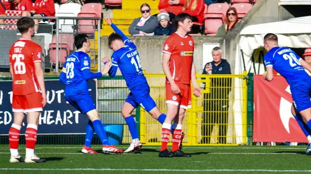 Adam Glenny celebrates his goal for Dungannon Swifts