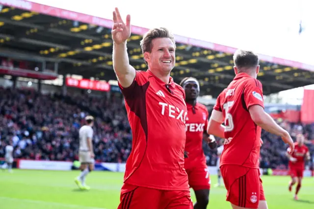 Aberdeen's Stuart Armstrong celebrates scoring to make it 1-0 during a William Hill Premiership match between Aberdeen and Dundee United at Pittodrie Stadium