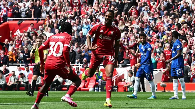 Ryan Gravenberch of Liverpool celebrates scoring