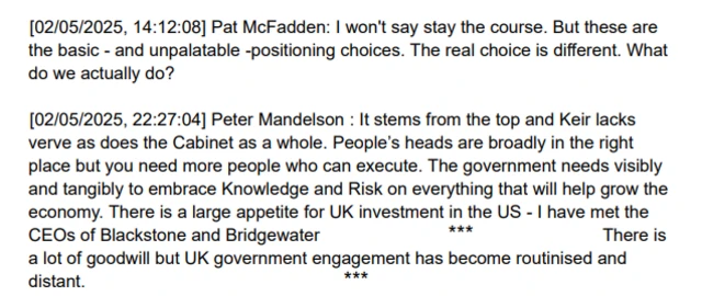 A screenshot of messages between Pat McFadden and Peter Mandelson, where Mandelson says 'kier lacks verve'.