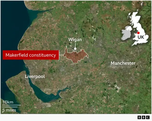 A map showing Makerfield constituency in North-West England