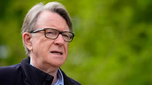 Peter Mandelson on the left of the photo frame with greenery behind him