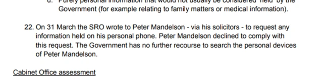 A screenshot of a document showing a quote from the Mandelson files saying that Mandelson denied to comply with a request to hand over information held on his personal phone.
