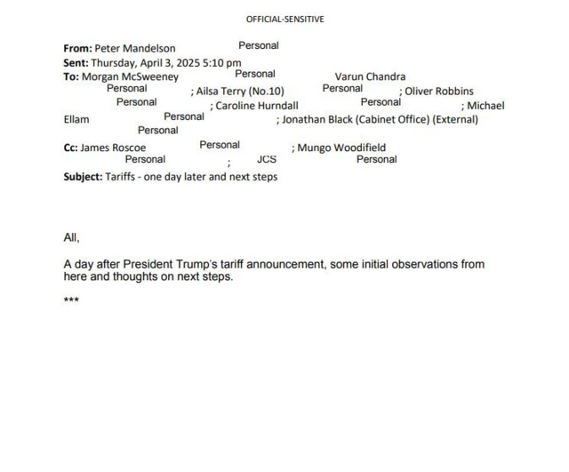 Letter from Peter Mandelson to a number of government officials reads: "All, A day after President Trump's tariff announcement, some initial observations from here and thoughts on next steps." The rest of the email is redacted.