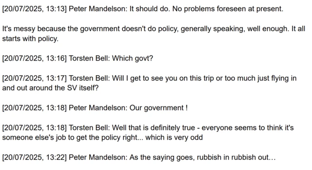 A Whatsapp message exchange between Peter Mandelson and Torsten Bell